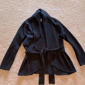 Cardigan with Ribbed Collar and Waist Tie